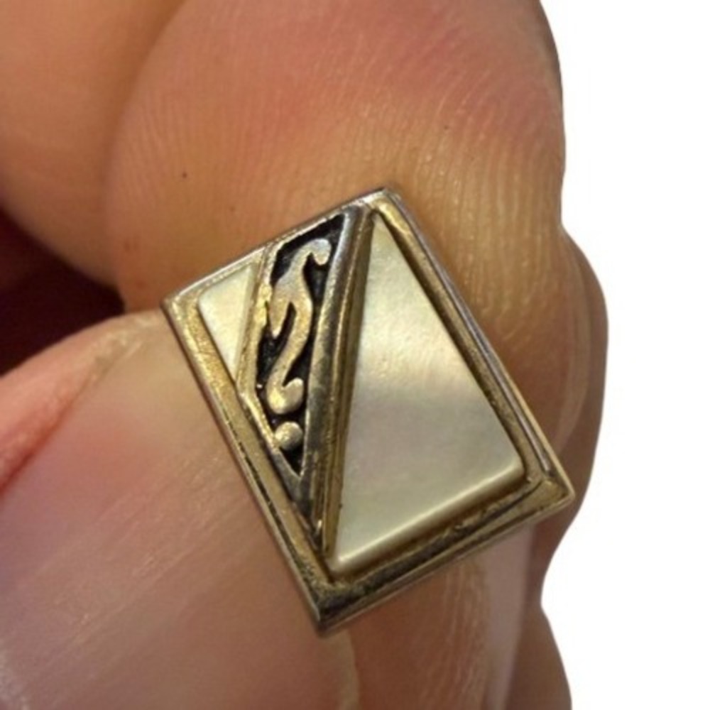 Vintage Swank Mother of Pearl Tie Tack Gold Tone Filigree Rectangular‎ Lapel Pin